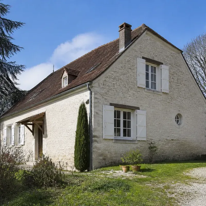 Maison en pierre aux volets clairs et au toit de tuiles brunes, au bout d’une allée de gravier sous un ciel bleu