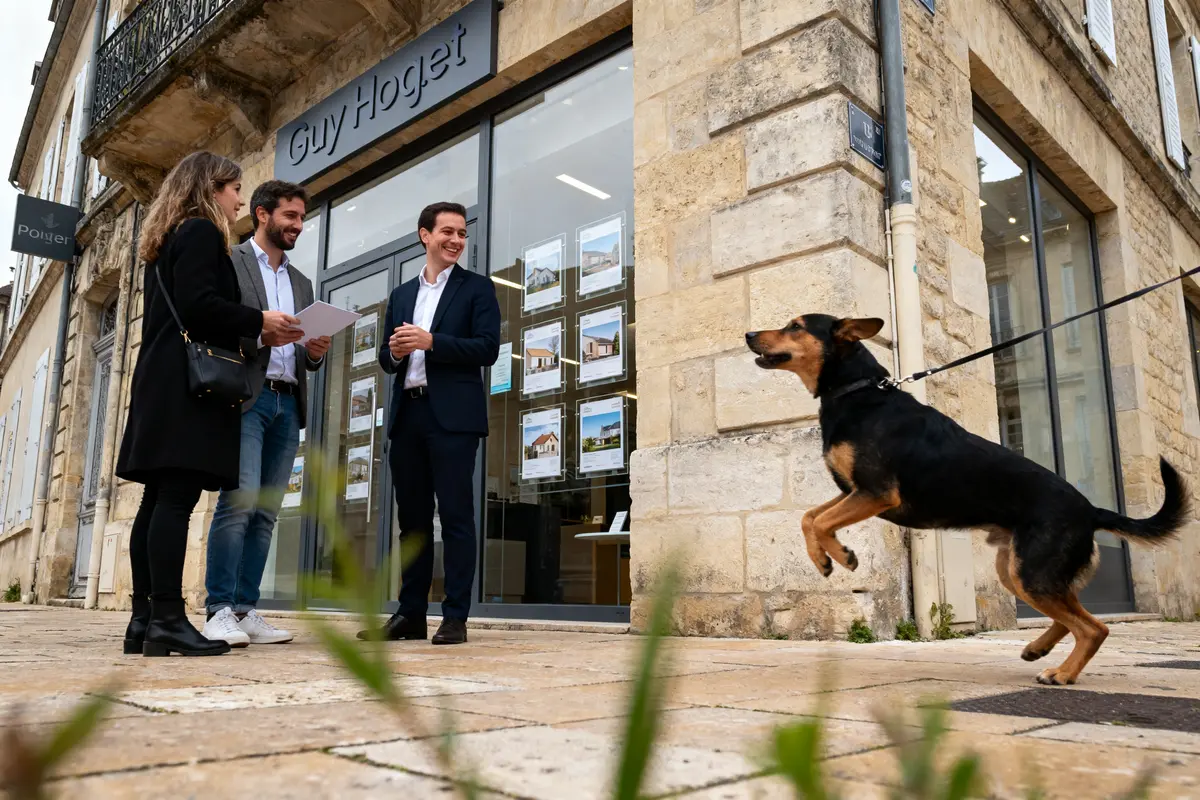Personnes discutant devant une agence immobilière en pierre, chien en laisse sautant joyeusement à côté.