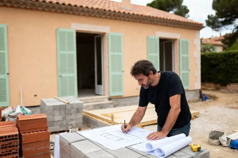 Homme examinant des plans de construction à l'extérieur d'une maison beige avec volets verts, palette et briques.