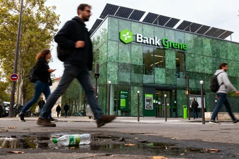 Façade de banque verte avec panneaux solaires, passants et bouteille plastique au sol.