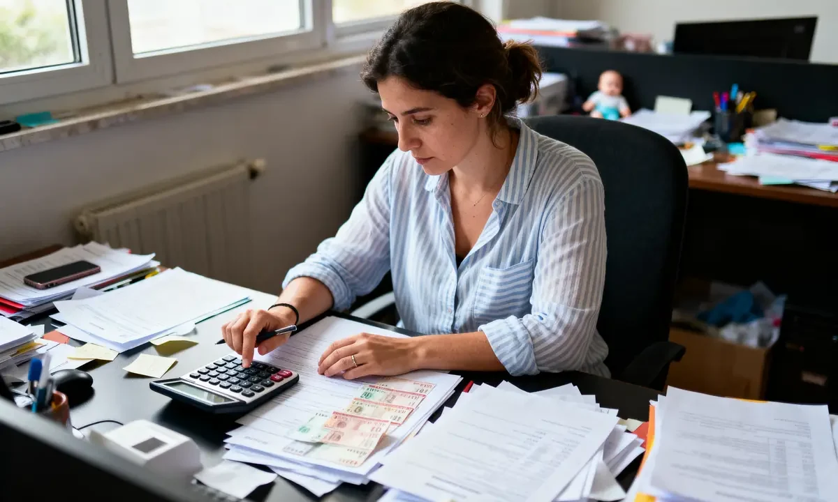 Femme calculant finances, entourée de papiers, utilisant calculatrice dans bureau lumineux.