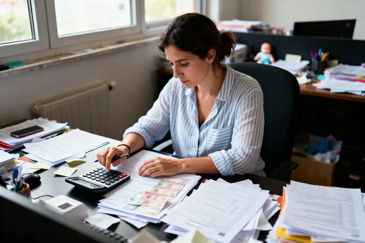 Femme calculant finances, entourée de papiers, utilisant calculatrice dans bureau lumineux.
