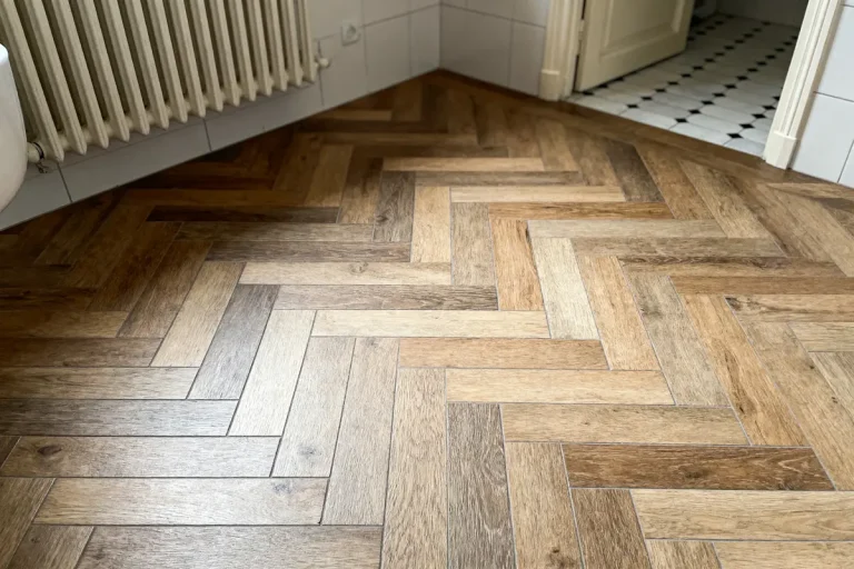 Parquet effet bois en chevrons dans une salle de bain avec carrelage noir et blanc au sol.