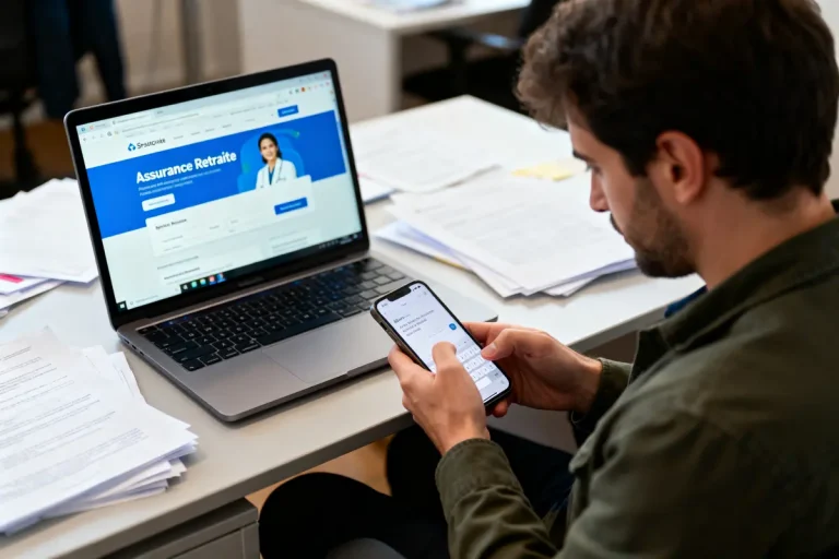 Un homme consulte des informations sur la retraite sur son ordinateur portable et son smartphone.