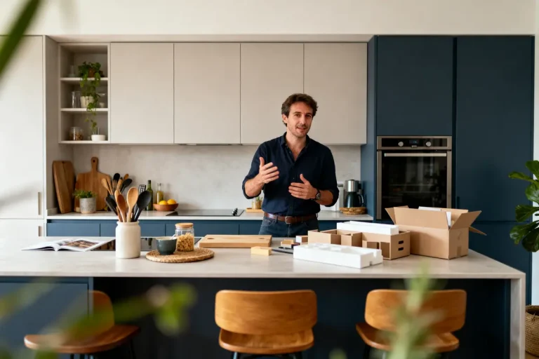 Un homme dans une cuisine moderne, discutant à l’îlot central avec des cartons déballés autour.