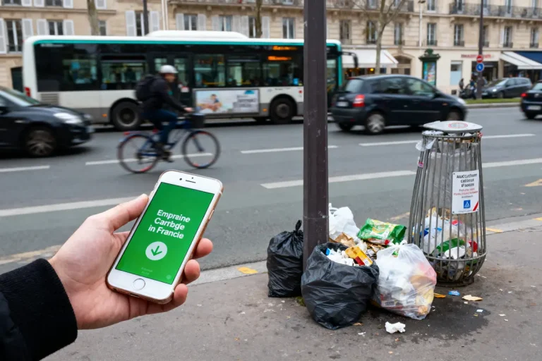 Téléphone affichant "empreinte carbone", poubelle débordante, cycliste et voitures sur une rue urbaine.