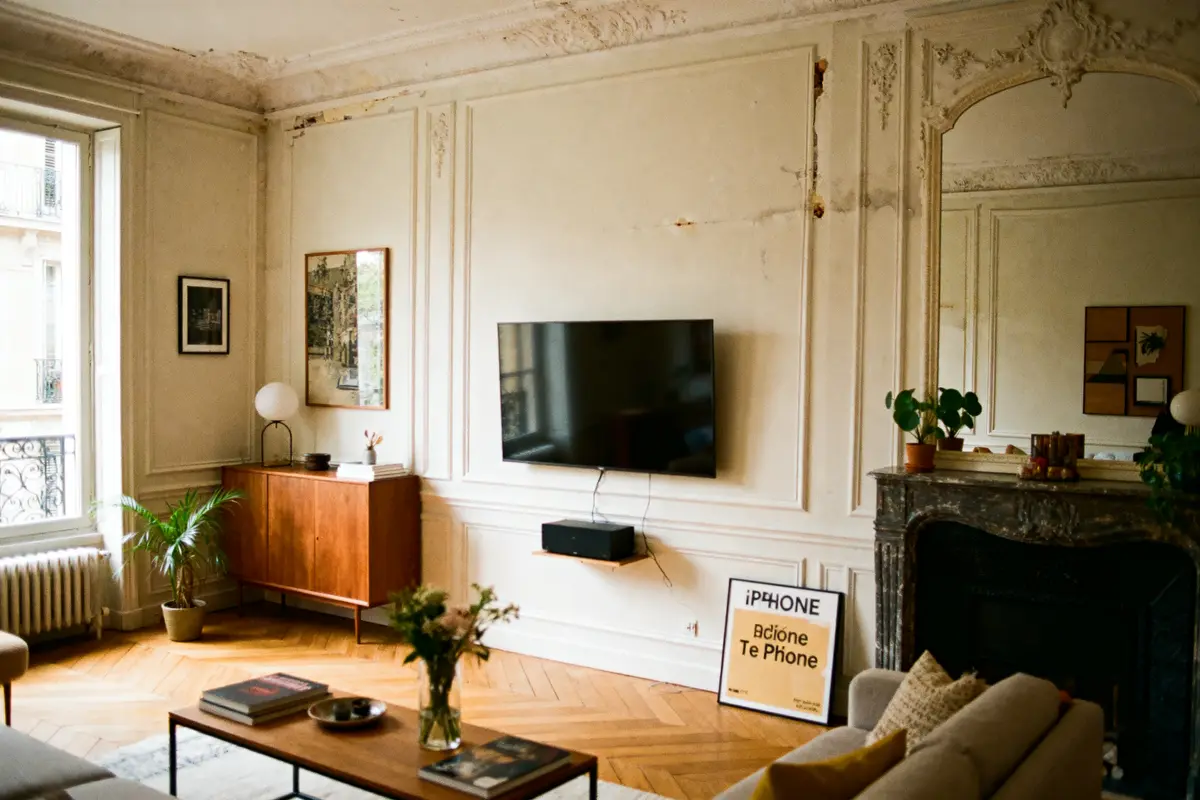 Salon lumineux avec TV murale, parquet en chevrons, cheminée, mobilier vintage et plante verte près d'une fenêtre.