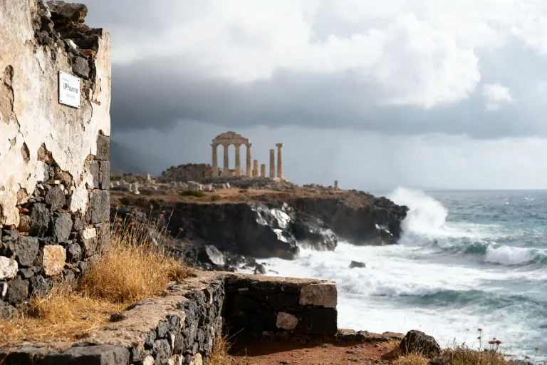Ruines antiques sur falaise rocheuse, mer agitée, ciel nuageux, mur de pierre au premier plan.
