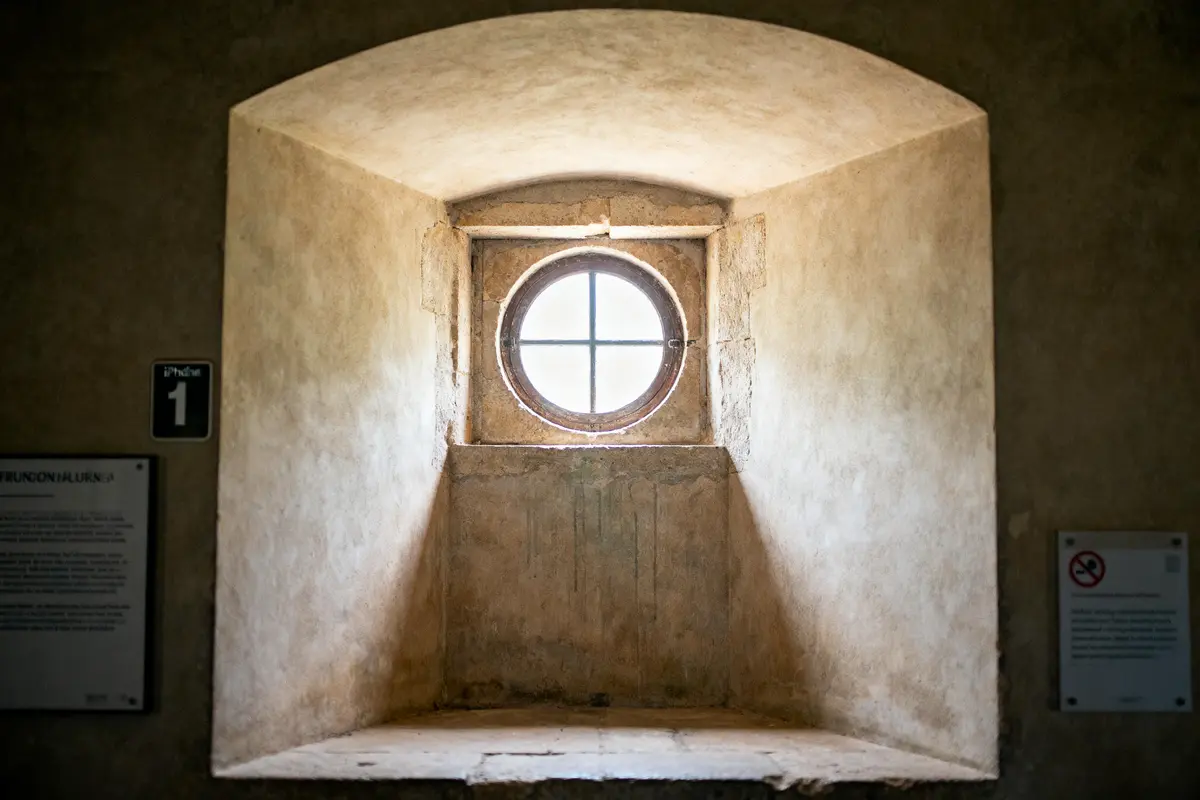 Fenêtre circulaire en pierre éclairant une alcôve sombre avec panneaux explicatifs historiques sur les côtés.