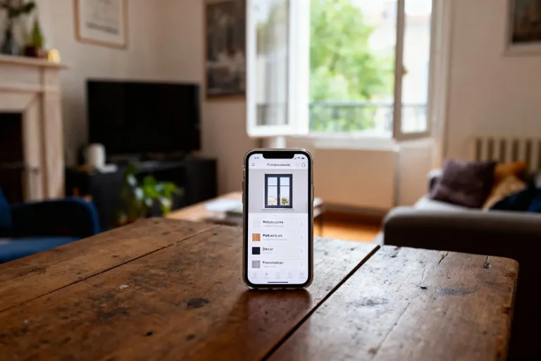 Smartphone sur table en bois, affichant une application intérieure, salon lumineux avec fenêtre ouverte et canapé.