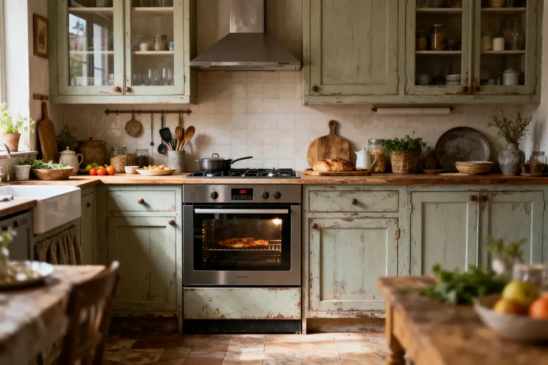 Cuisine champêtre avec four moderne, placards verts, ustensiles et aliments sur plan de travail en bois.