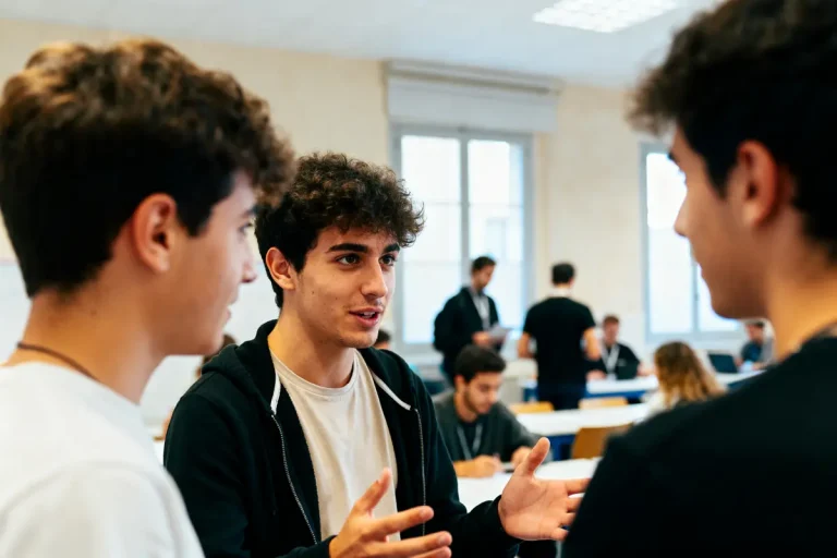 Jeunes discutant dans une salle de classe, ambiance studieuse et décontractée.