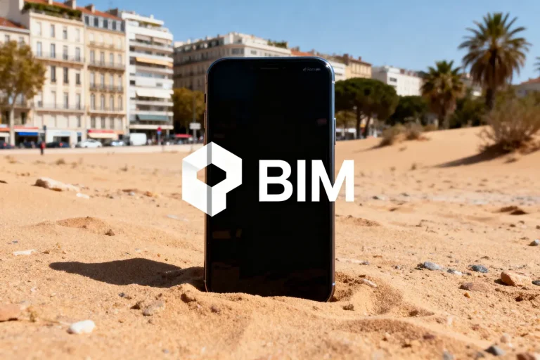 Smartphone sur sable devant immeubles, logo BIM flottant visible.