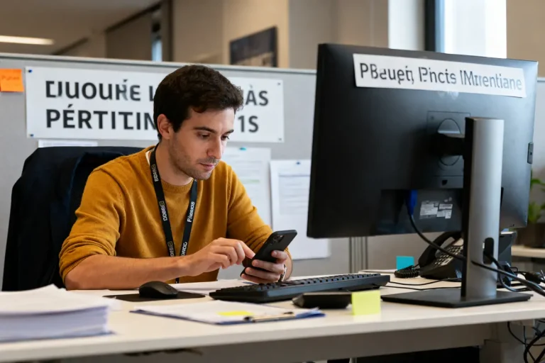Un homme concentré consulte son téléphone, assis à un bureau avec écran d'ordinateur.