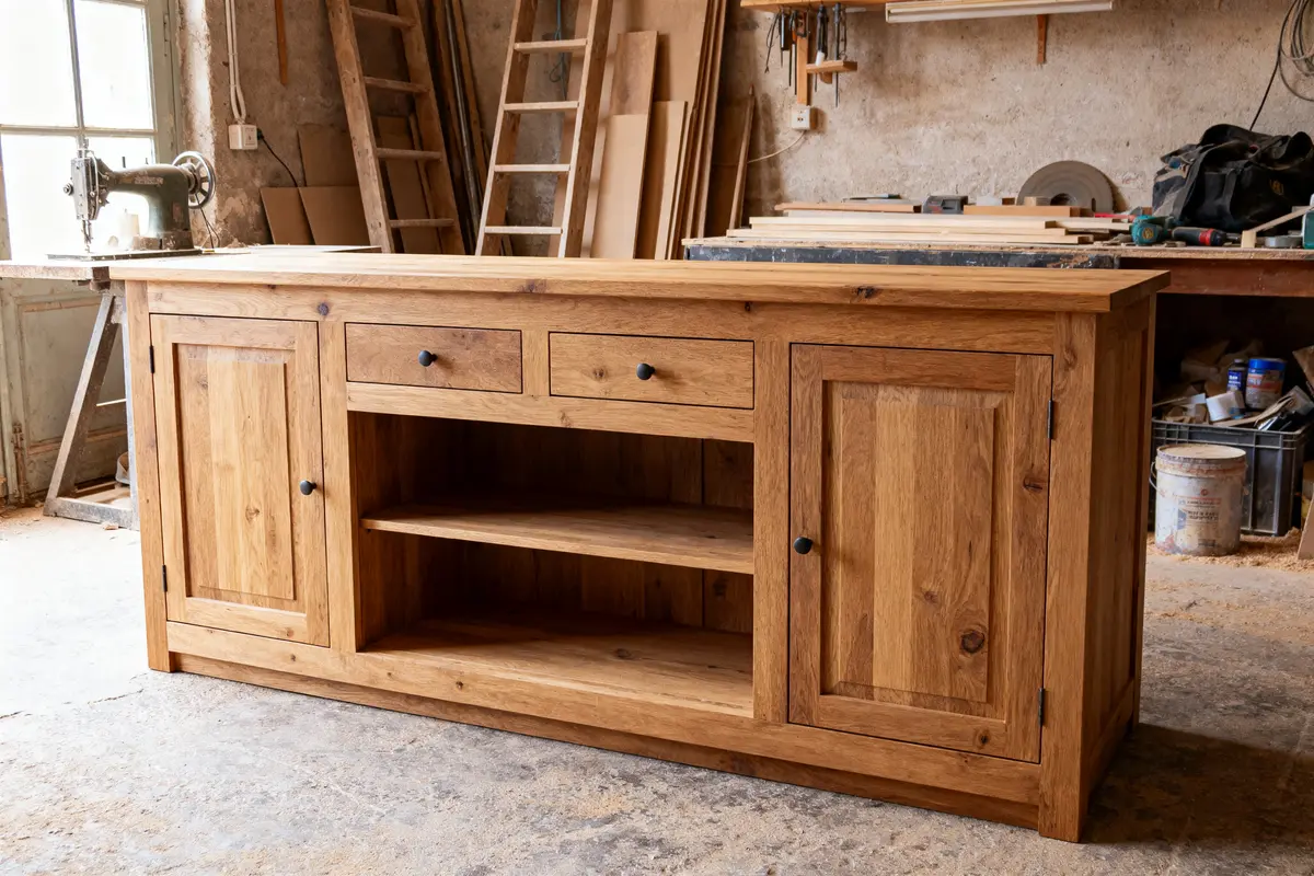 Buffet en bois massif dans un atelier de menuiserie, entouré d'outils et de matériaux.