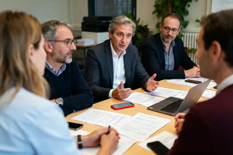 Quatre personnes en réunion autour d'une table avec documents et ordinateurs, discutant activement.