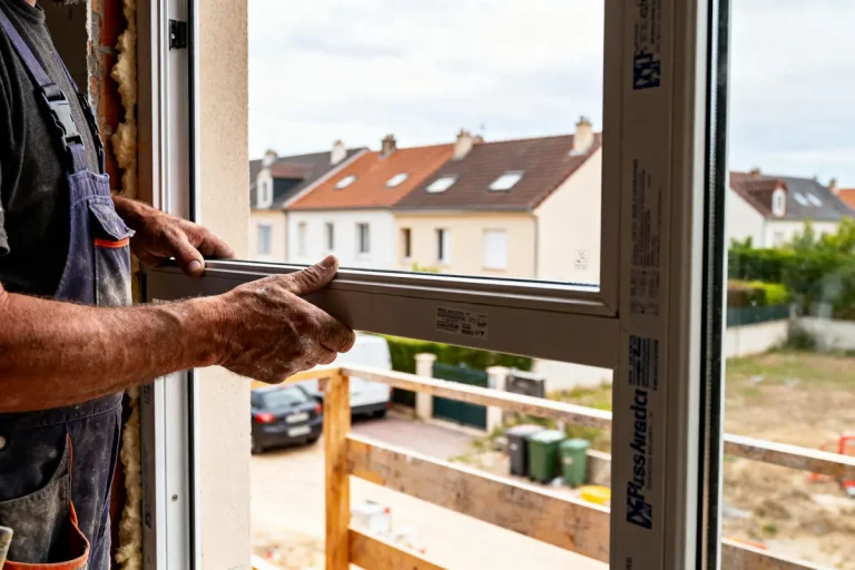Ouvrier installant une fenêtre en PVC dans une maison en construction, vue sur quartier résidentiel.