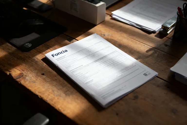 Document Foncia sur un bureau en bois, éclairé par la lumière naturelle.