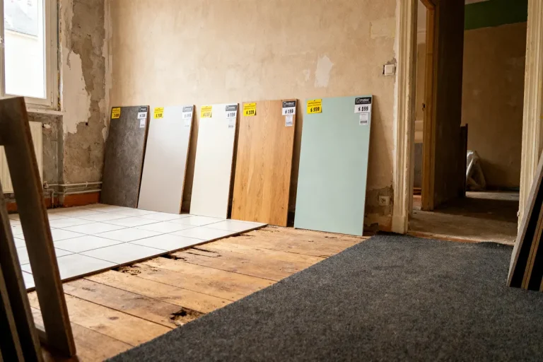 Divers échantillons de revêtements et carreaux au sol d'une pièce en rénovation, murs partiellement rénovés.