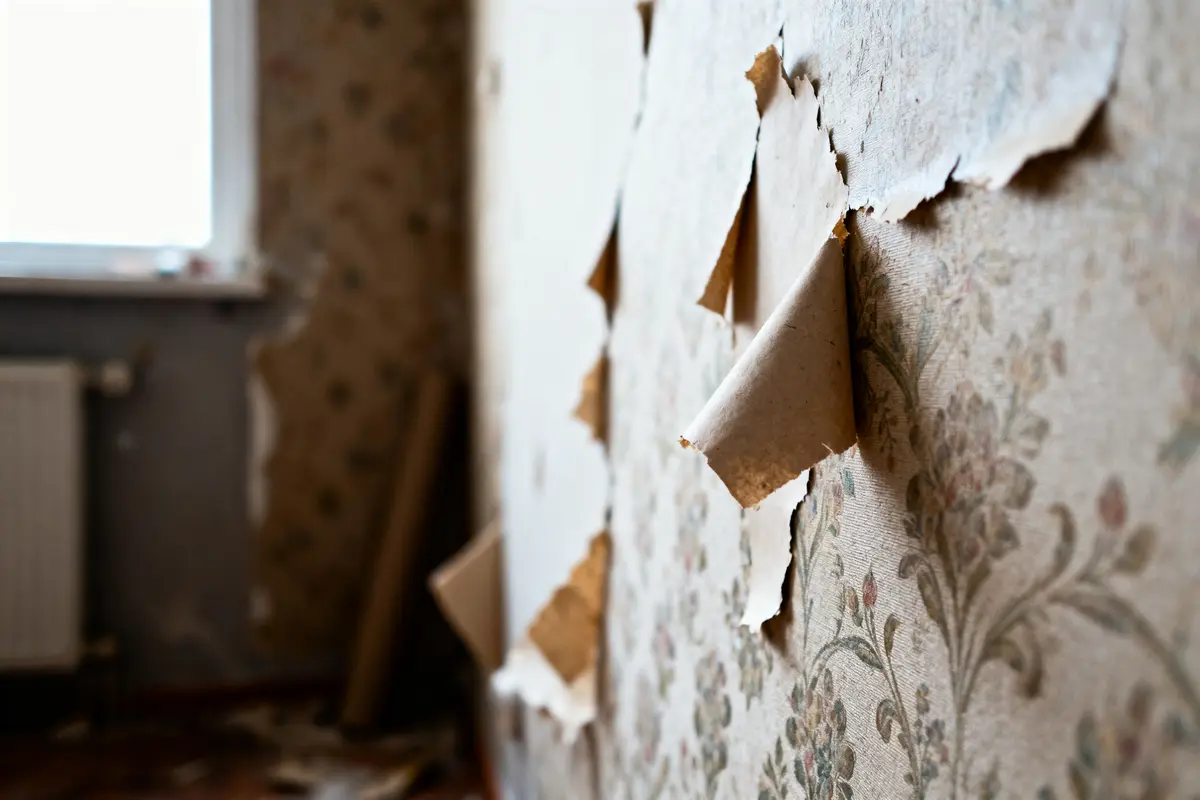 Papier peint ancien qui se décolle dans une pièce, décor floral pâle, fenêtre floue à gauche.