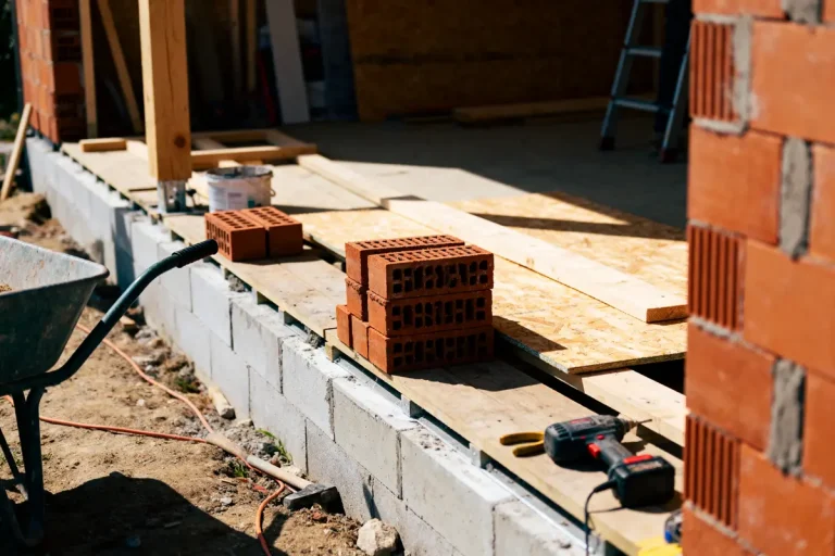 Chantier de construction avec briques empilées, perceuse électrique et brouette sur terrain ensoleillé.