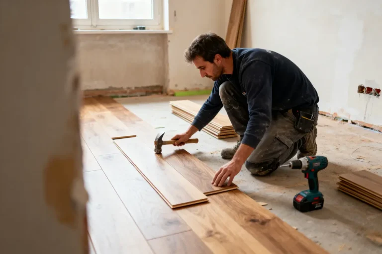 Un homme installe un parquet en bois dans une pièce, utilisant un marteau.