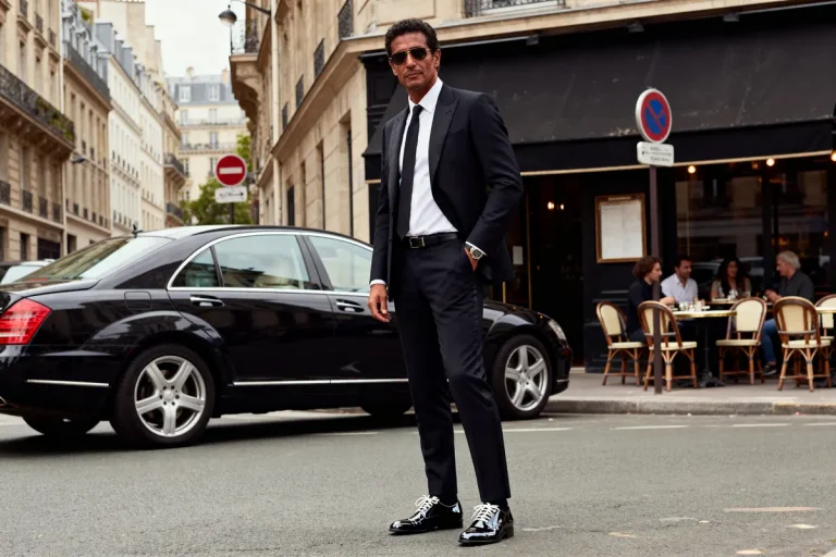 Homme élégant en costume noir, lunettes de soleil, debout devant voiture noire, terrasse de café en arrière-plan.