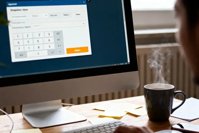 Ordinateur avec simulateur de salaire affiché à l'écran, tasse de café fumante et notes sur le bureau.