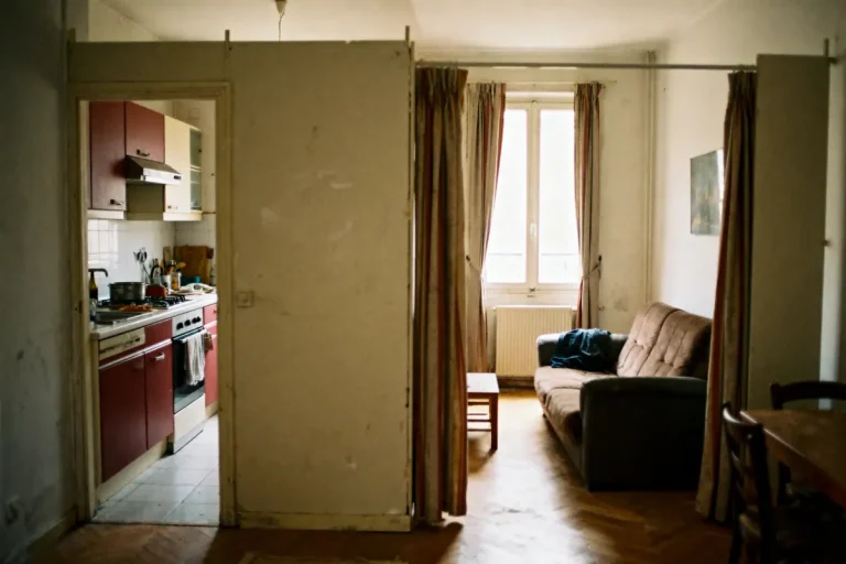Appartement lumineux avec cuisine intégrée, salon simple, canapés et table devant fenêtre avec rideaux.