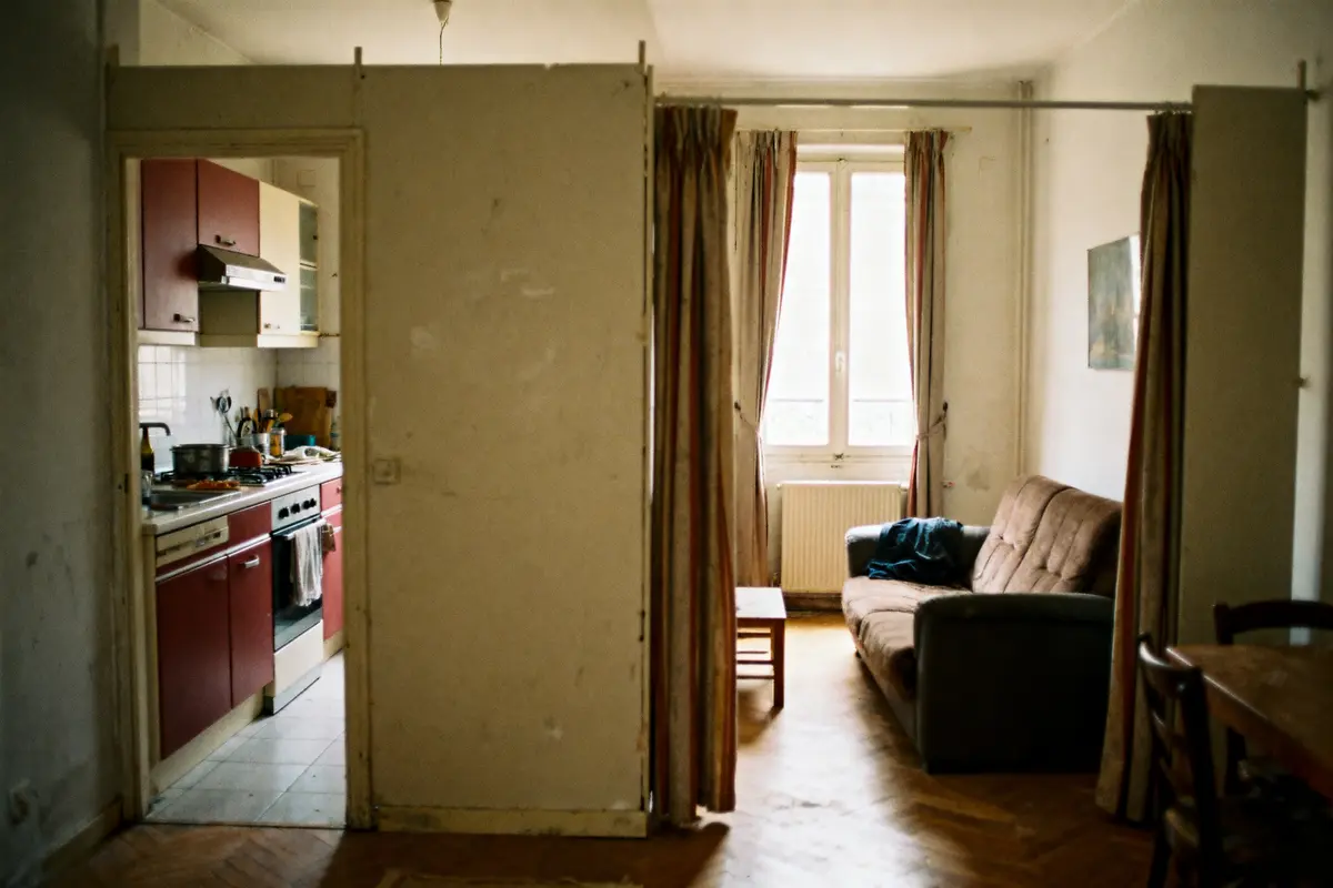 Appartement lumineux avec cuisine intégrée, salon simple, canapés et table devant fenêtre avec rideaux.