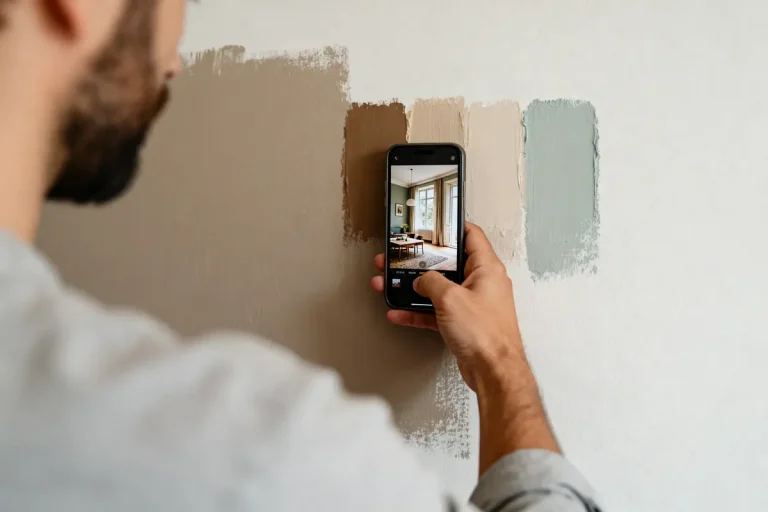 Homme prenant photo de couleurs peintes sur mur avec un smartphone, montrant différentes teintes dans une pièce.