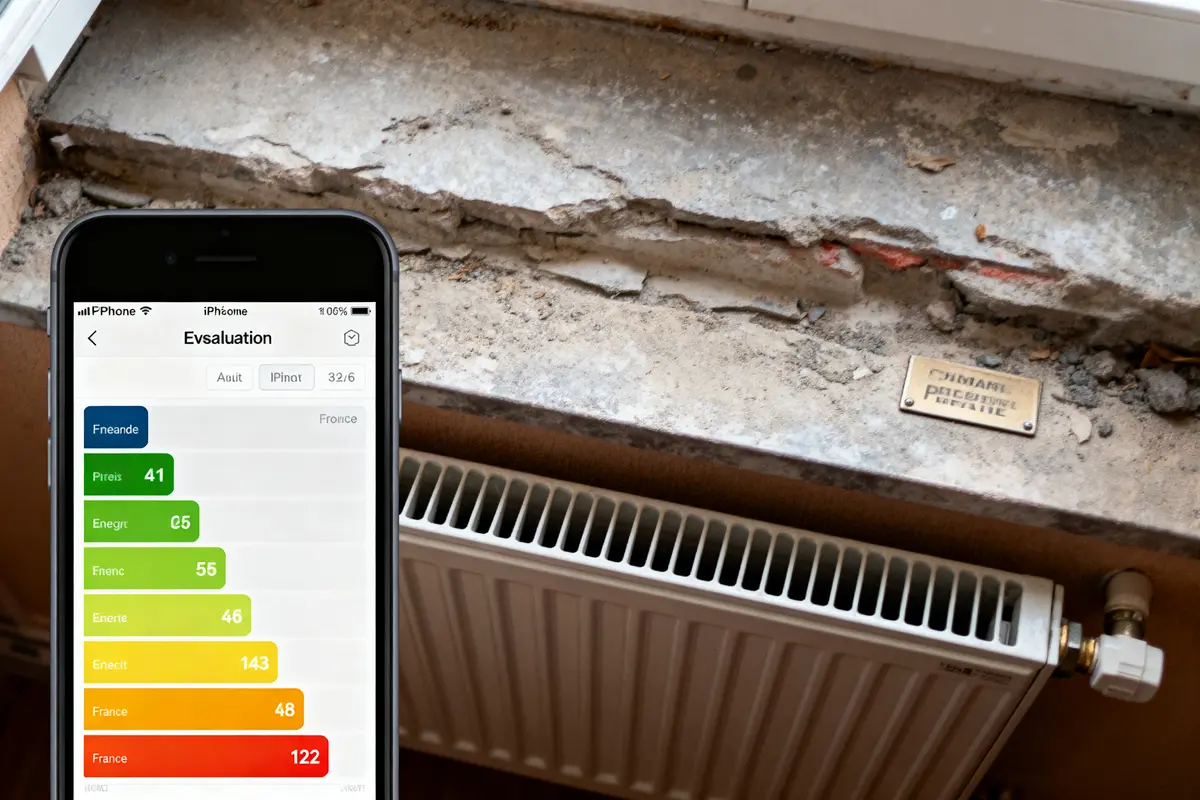 Téléphone affichant l'évaluation énergétique devant un rebord de fenêtre endommagé avec radiateur en dessous.
