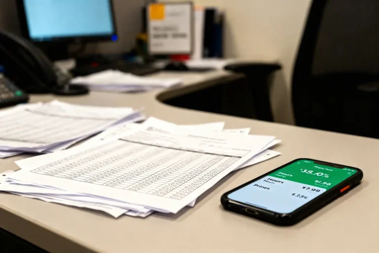 Bureau avec papiers, ordinateur et smartphone affichant des chiffres. Ambiance de travail administratif.