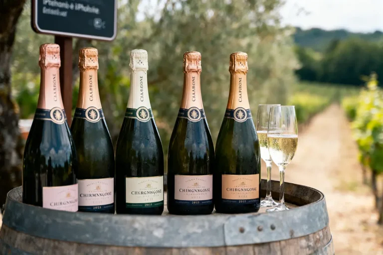 Cinq bouteilles de champagne sur un tonneau dans un vignoble, avec deux verres remplis.