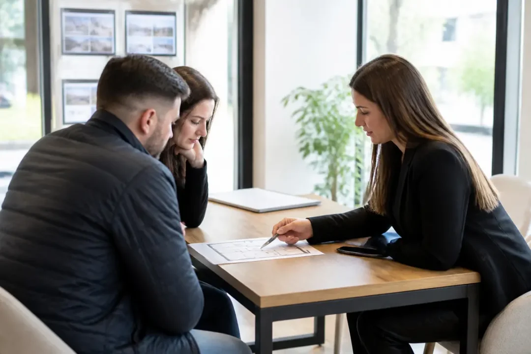 Agent immobilier Altisimmo expliquant des plans à un couple dans un bureau lumineux