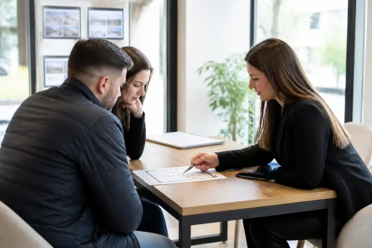 Agent immobilier Altisimmo expliquant des plans à un couple dans un bureau lumineux