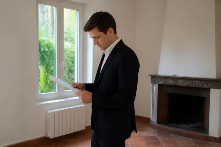 Homme en costume dans un salon vide analysant un document pour BSK Immobilier