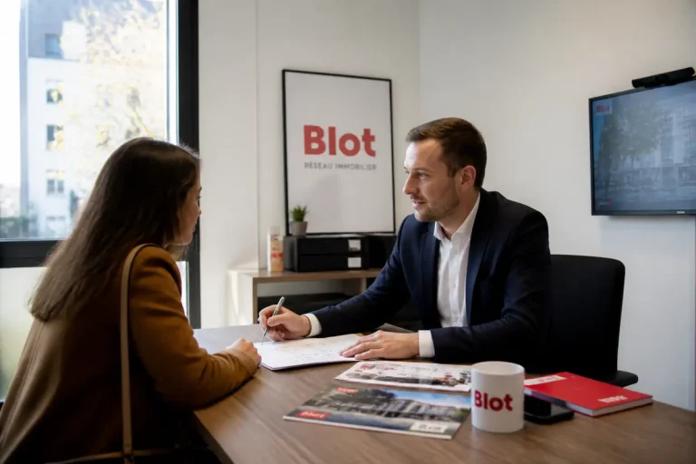 Agent de Blot Immobilier conseillant une cliente dans un bureau moderne et lumineux