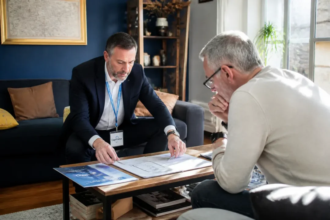 Agent Capifrance présentant des plans immobiliers à un client dans un salon lumineux