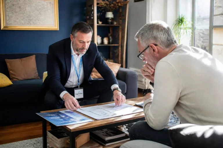 Agent Capifrance présentant des plans immobiliers à un client dans un salon lumineux