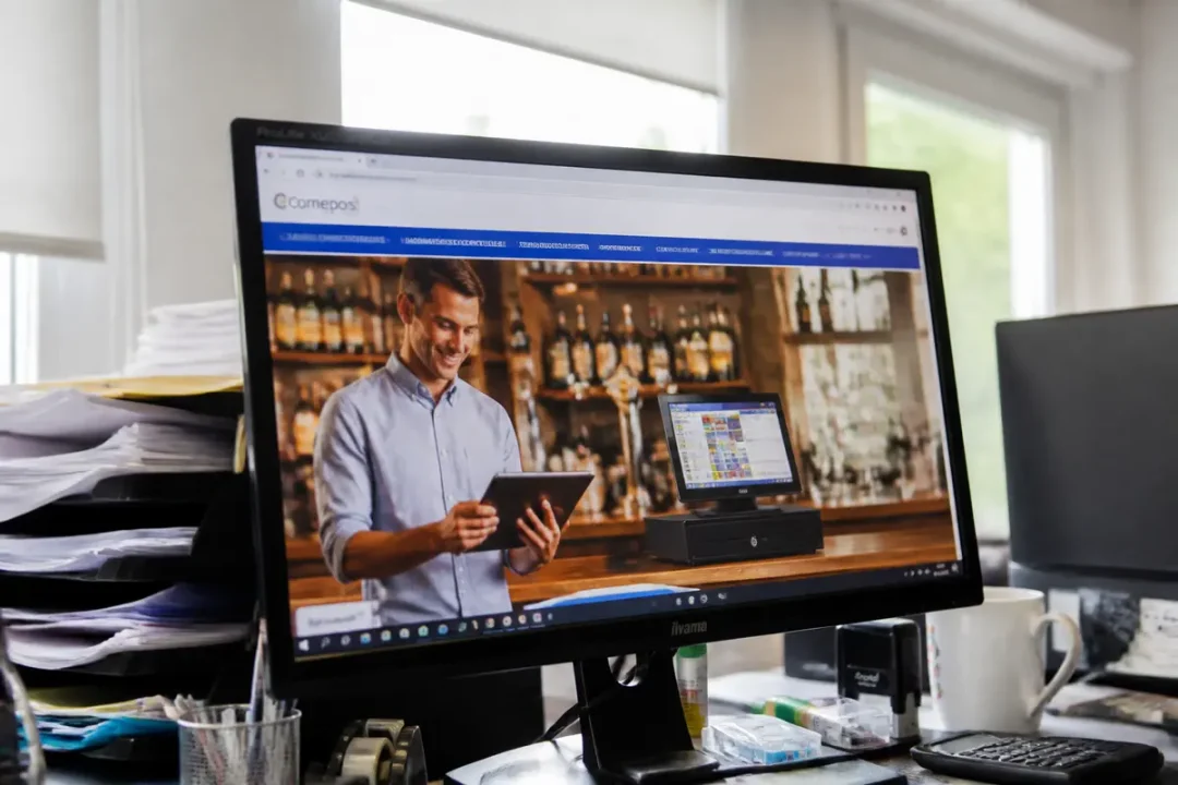 Écran d'ordinateur affichant un site de gestion de bar avec avis sur Comepos.fr
