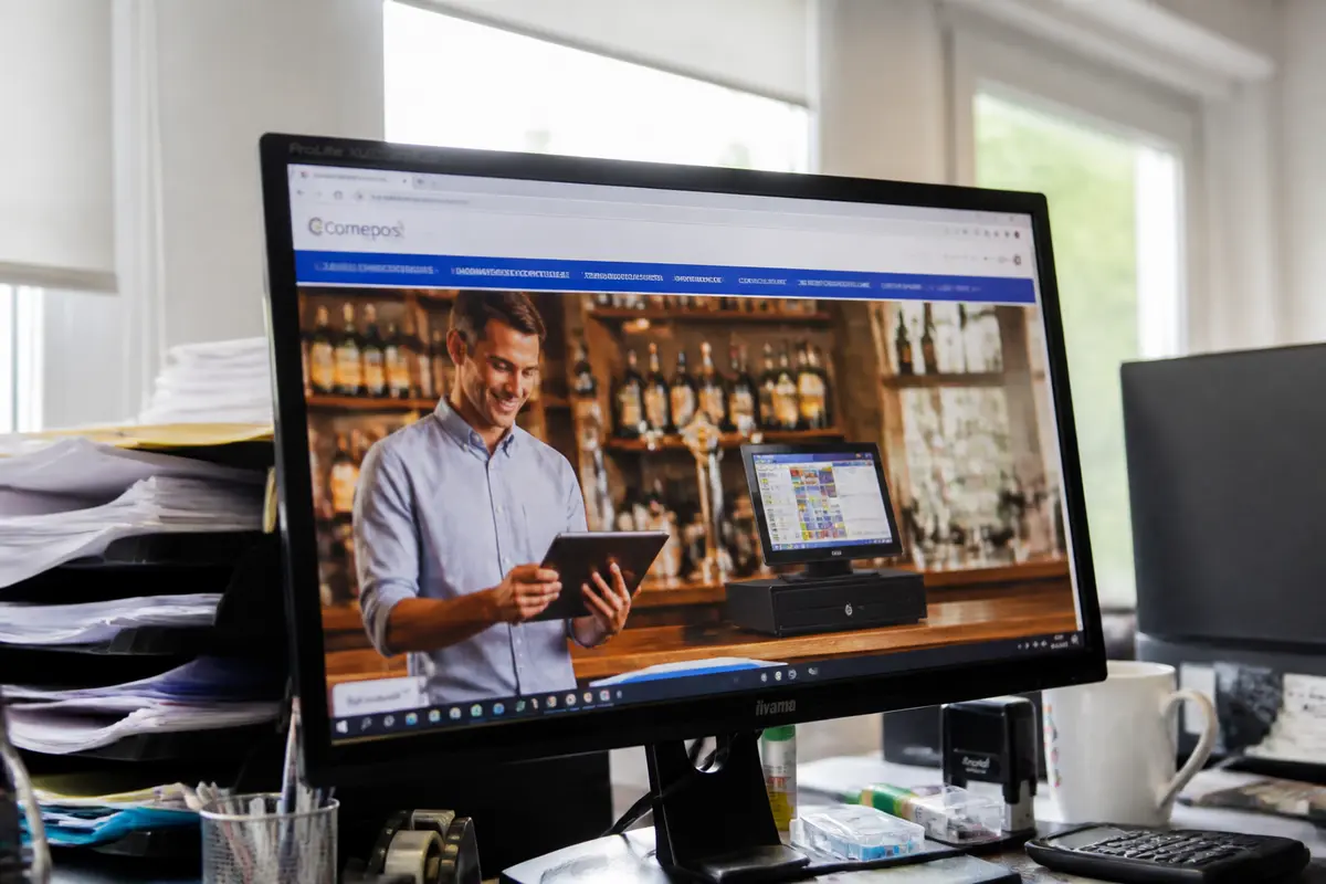 Écran d'ordinateur affichant un site de gestion de bar avec avis sur Comepos.fr