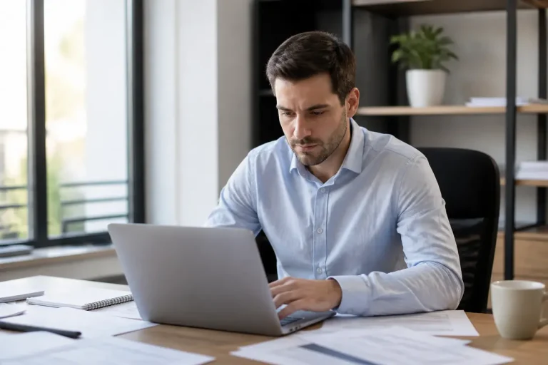 Homme concentré travaillant sur ordinateur portable pour une estimation immobilière avec Efficity