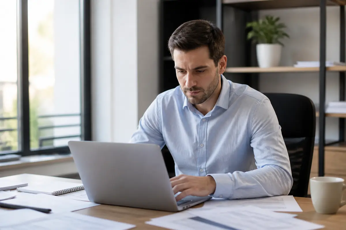 Homme concentré travaillant sur ordinateur portable pour une estimation immobilière avec Efficity
