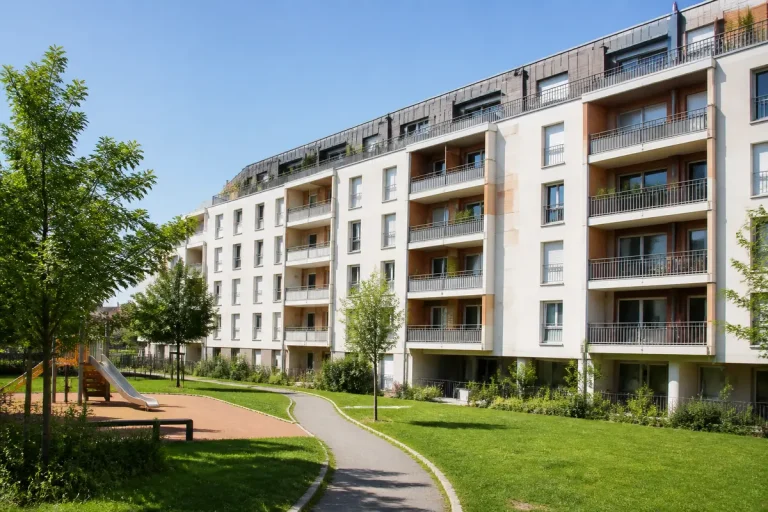 Immeuble moderne avec jardin et aire de jeux proposé par Ekidom