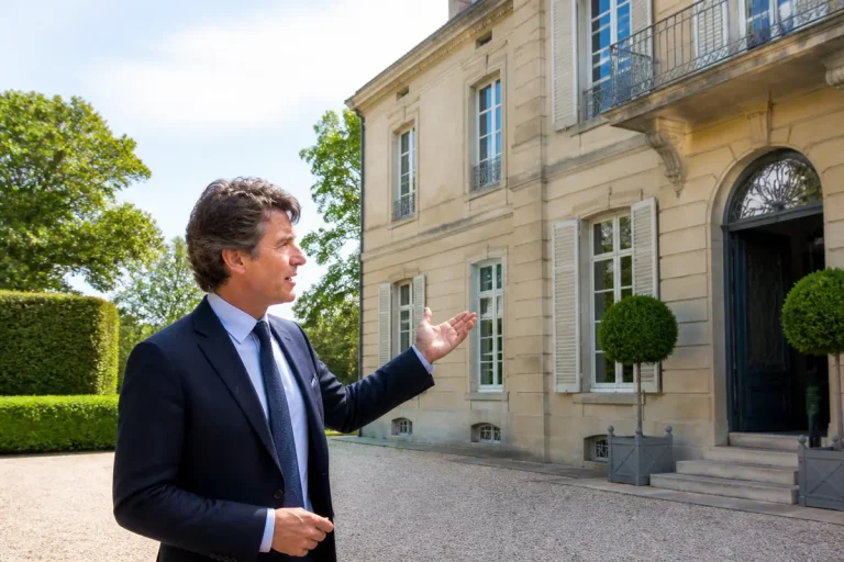 Agent immobilier présentant une élégante maison avec Emile Garcin en arrière-plan