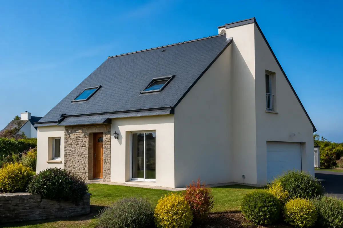Maison moderne avec jardin, architecture typique des maisons européennes