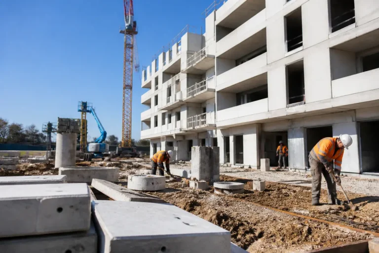 Ouvriers travaillant sur un chantier de construction d'Immo Vinci avec grues et immeubles.