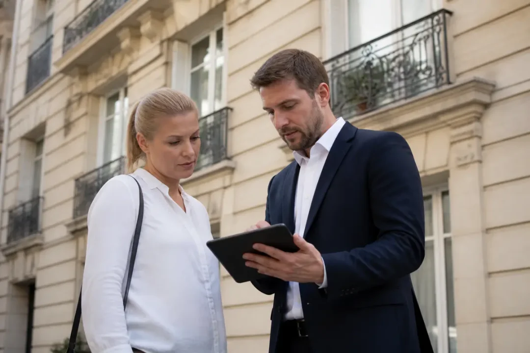 Professionnels discutant avec une tablette devant un immeuble, conseil immobilier avec Immodvisor