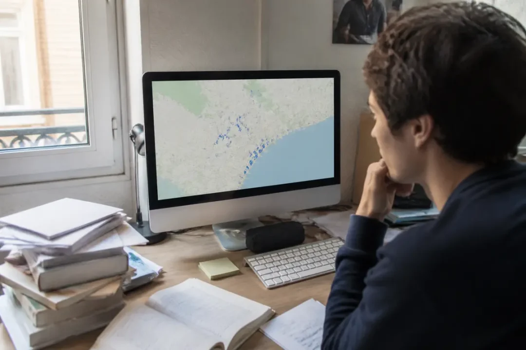 Un homme consulte La Carte des Colocs sur son ordinateur dans un bureau encombré